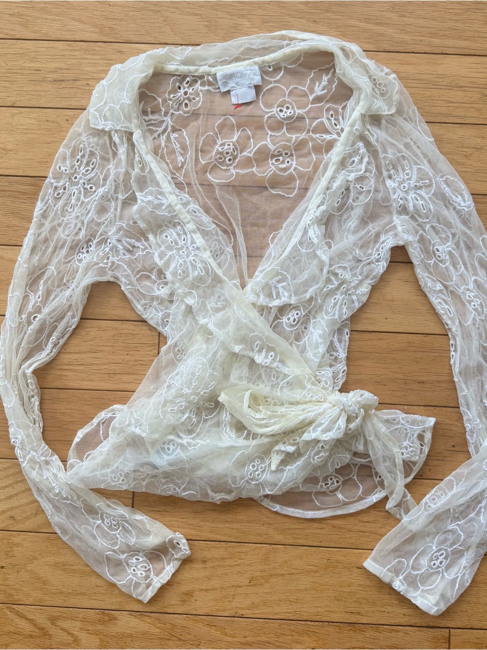 GHOST Vintage-Inspired Ivory Floral Lace Wrap Top Sheer Embroidered Blouse Size